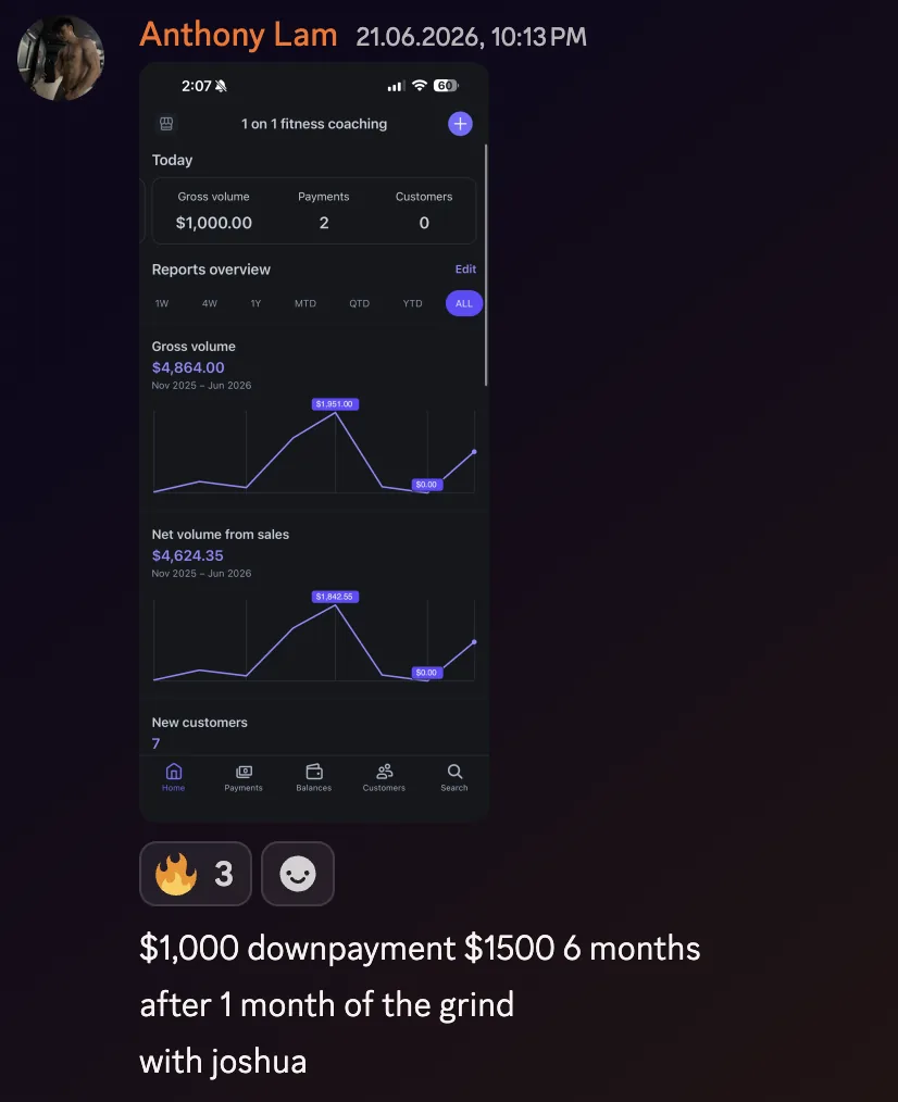 Anthony Lam: $1,000 downpayment on a $1,500 6-month coaching deal after 1 month with Joshua