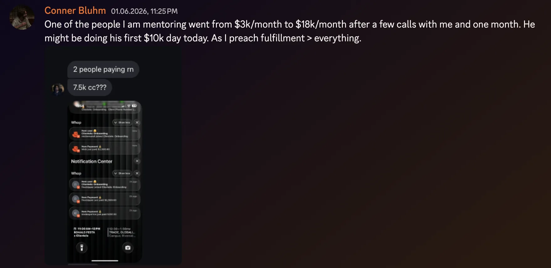 Conner Bluhm: mentee went from $3k per month to $18k per month after a few calls