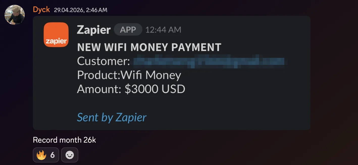 Dyck: $3,000 payment notification, record month 26k
