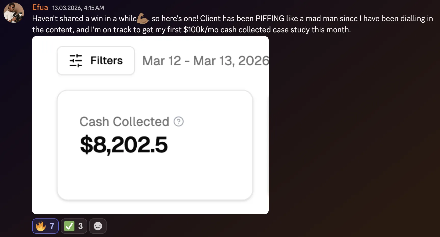 Efua: client cash collected $8.2k in two days, on track for first $100k per month case study