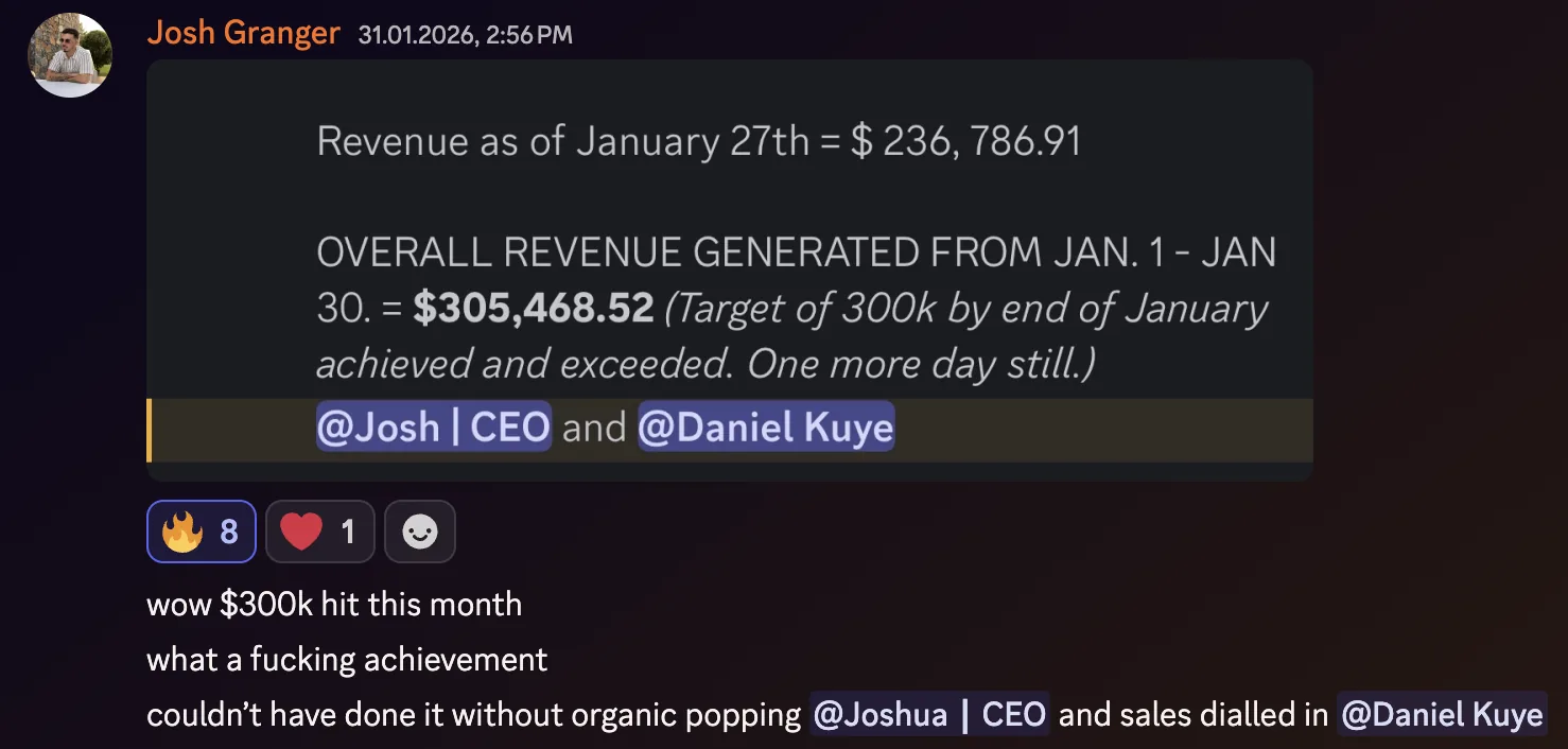 Josh Granger: $305k revenue generated in January, $300k target exceeded