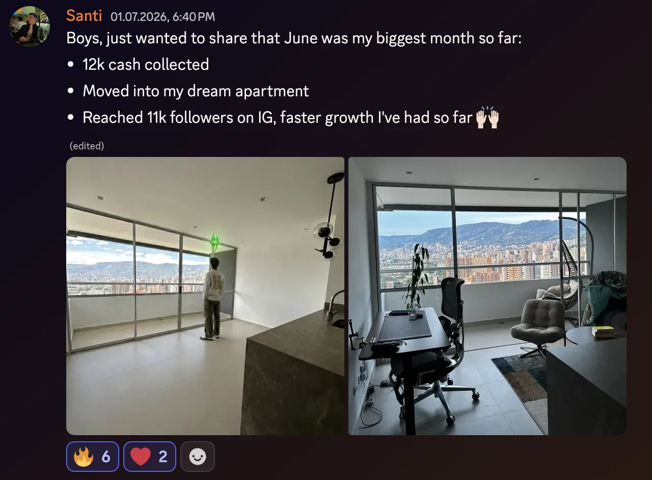 Santi: biggest month so far, 12k cash collected, moved into dream apartment, 11k IG followers