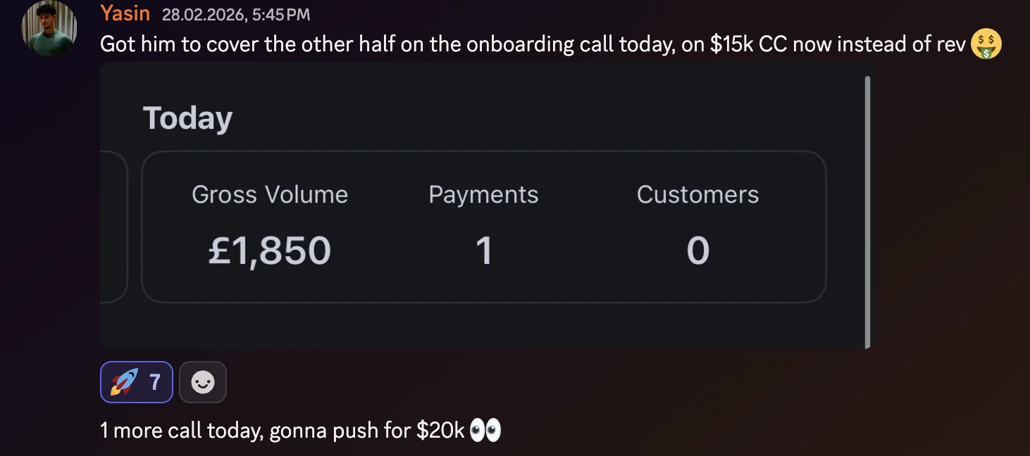 Yasin: buyer covered the other half on the onboarding call, $15k cash collected